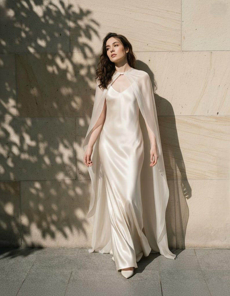 Silk Slip Wedding Dress with Sheer Cape, Minimal Bridal Gown, Elegant Modern Bride Dress