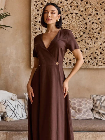 Linen Wrap Midi Dress, Short Sleeve V Neck, Minimalist Style