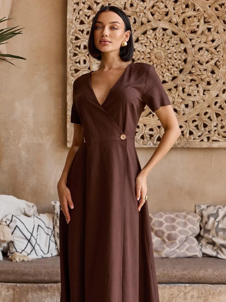 Linen Wrap Midi Dress, Short Sleeve V Neck, Minimalist Style