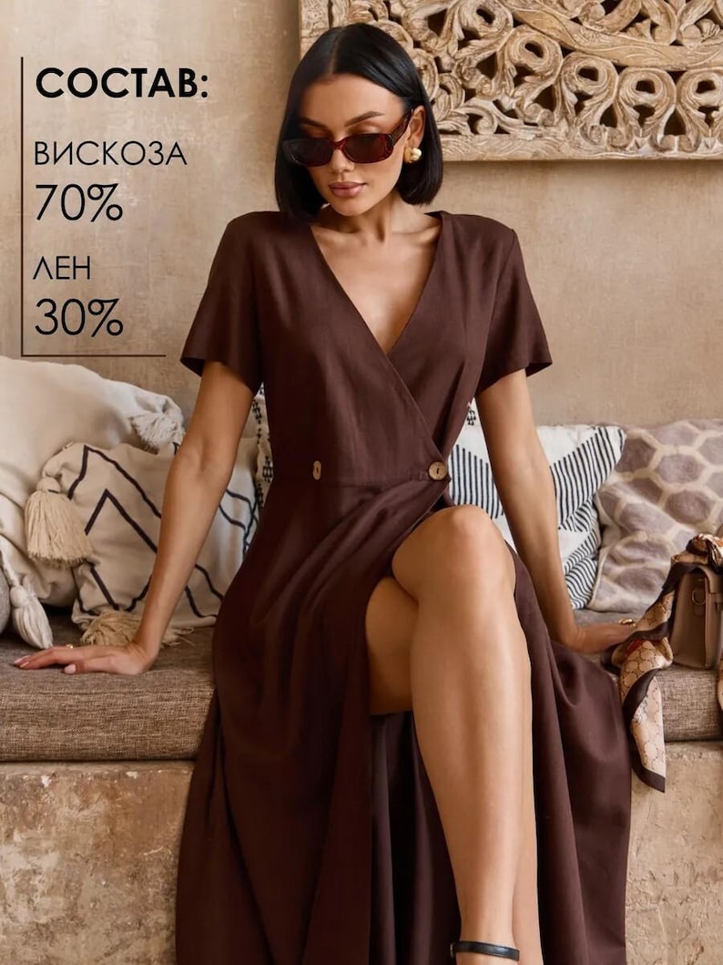 Linen Wrap Midi Dress, Short Sleeve V Neck, Minimalist Style