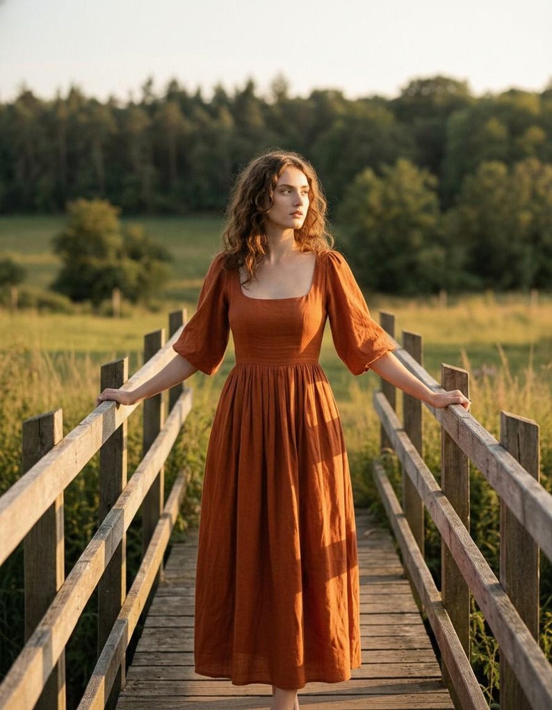 Linen Midi Dress, Square Neck Puff Sleeves, Cottagecore Style
