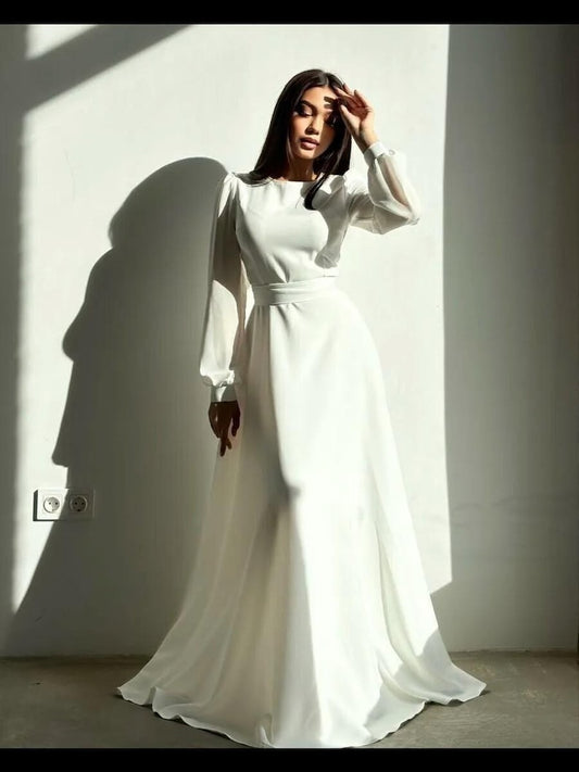 Elegant Wrap Silk Satin Gown with Long Puff Sleeves, High Slit Skirt, Chic Bridal or Bridesmaid Dress for Modern Ceremony Look