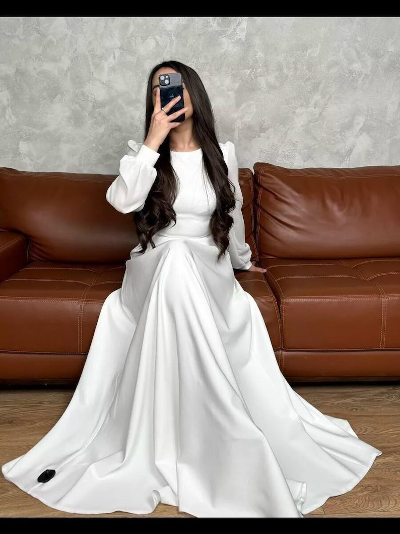 Elegant Wrap Silk Satin Gown with Long Puff Sleeves, High Slit Skirt, Chic Bridal or Bridesmaid Dress for Modern Ceremony Look