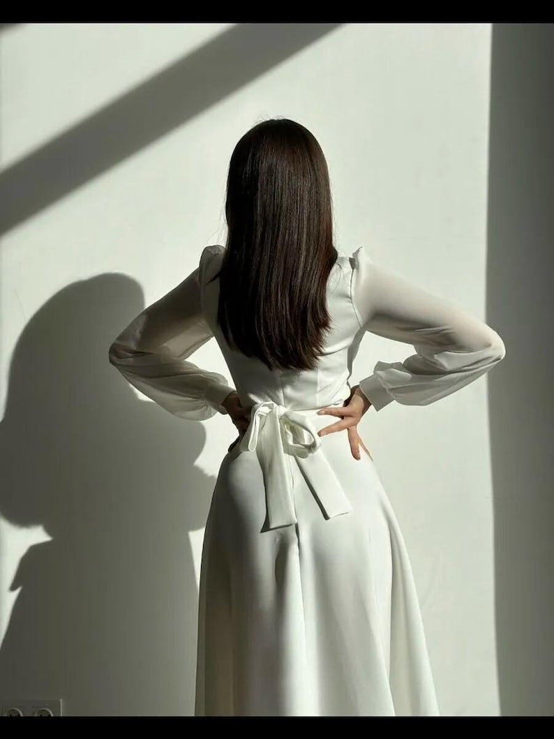 Elegant Wrap Silk Satin Gown with Long Puff Sleeves, High Slit Skirt, Chic Bridal or Bridesmaid Dress for Modern Ceremony Look