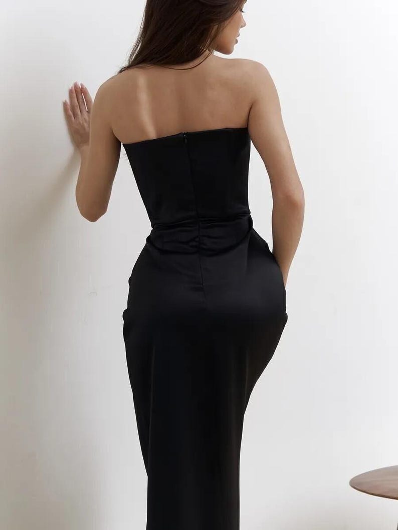 Strapless Silk Satin Black Dress with Slit - Elegant Evening Gown, Formal Wear For Prom & Weddings, Luxury Party Dress