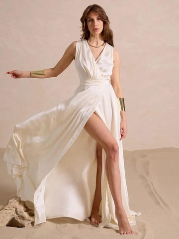 Regency Silk Wrap Maxi Dress, Satin High Slit Gown for Wedding Dress, Bridesmaid or Bridal Ceremony Look