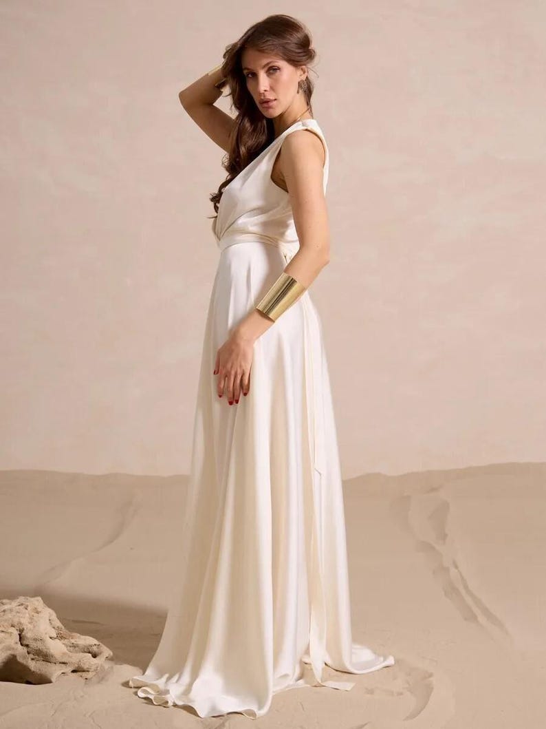 Regency Silk Wrap Maxi Dress, Satin High Slit Gown for Wedding Dress, Bridesmaid or Bridal Ceremony Look