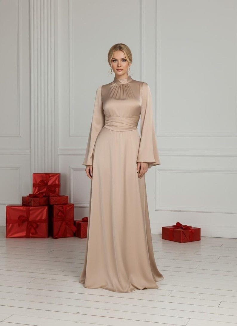 Elegant Champagne Satin Maxi Dress, Long Flare Sleeve Formal Gown, Evening Wedding Guest Dress