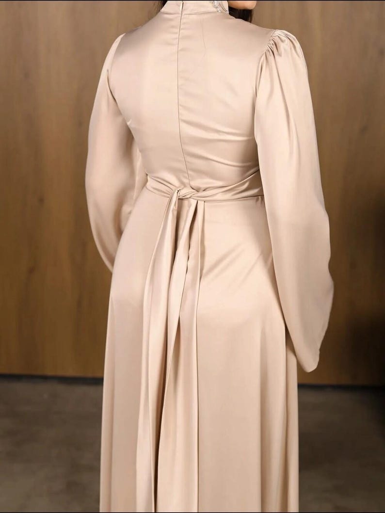 Elegant Champagne Satin Maxi Dress, Long Flare Sleeve Formal Gown, Evening Wedding Guest Dress