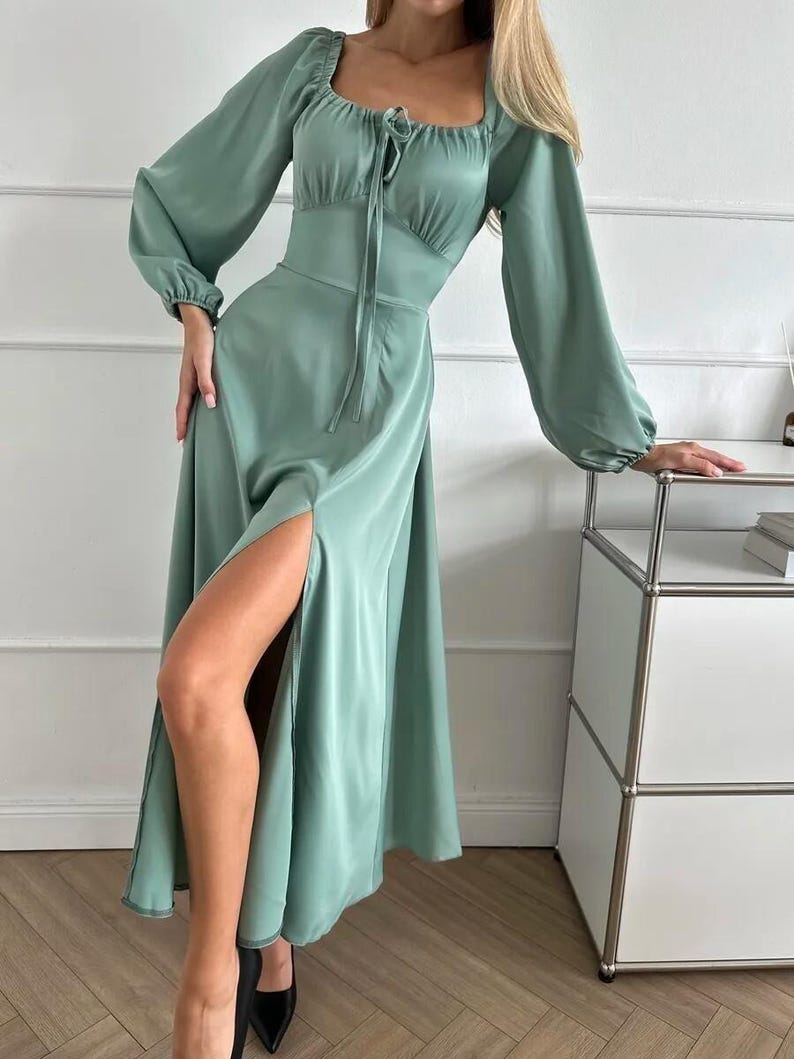 Elegant Silk Maxi Dress With Split For Women, Romantic Cottagecore Silk Dress, Perfect For Spring And Fall