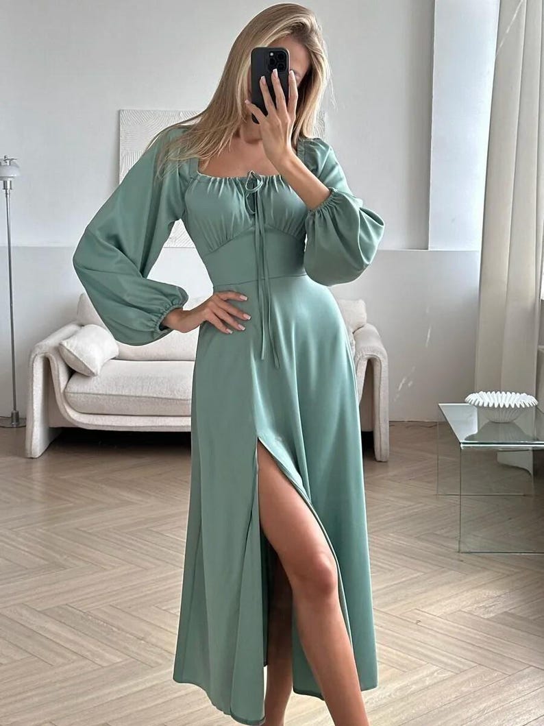 Elegant Silk Maxi Dress With Split For Women, Romantic Cottagecore Silk Dress, Perfect For Spring And Fall