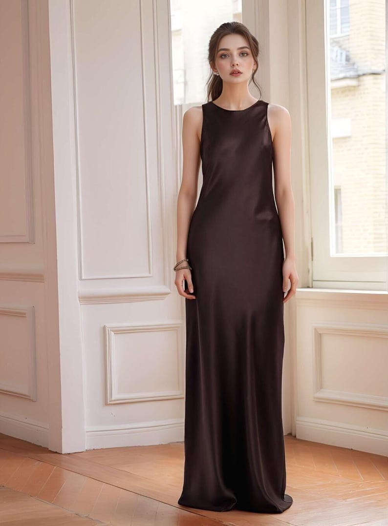 Espresso Brown Bias Cut Maxi Silk Gown with Halter Neck, Mulberry Silk Evening Dress