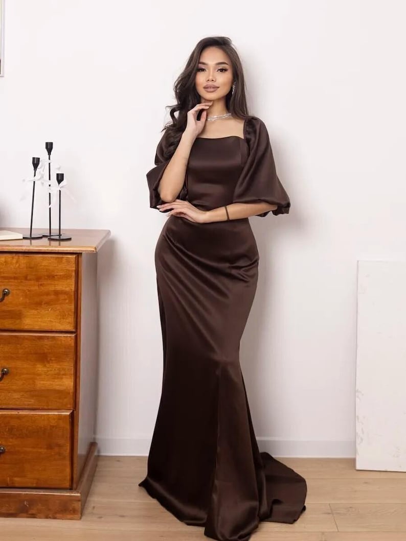 Elegant Chocolate Satin Square Neck Puff Sleeve Gown, Long Fitted Mermaid Dress, Formal Evening Dress, Wedding Guest Dress