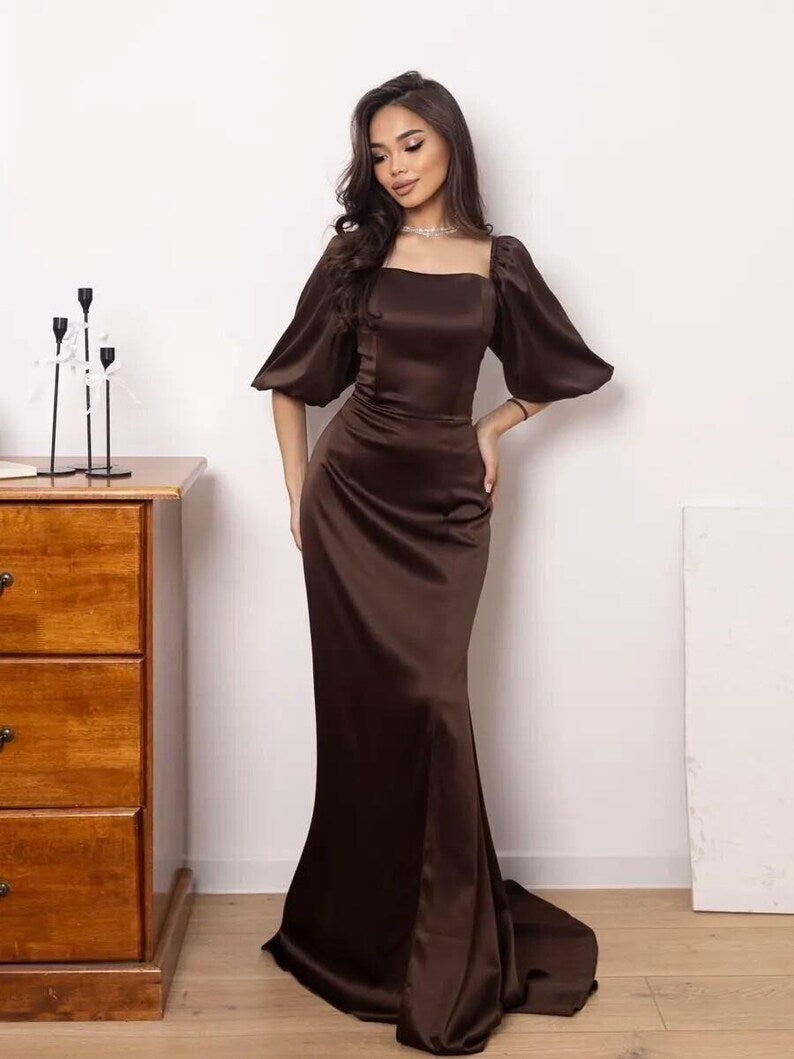 Elegant Chocolate Satin Square Neck Puff Sleeve Gown, Long Fitted Mermaid Dress, Formal Evening Dress, Wedding Guest Dress
