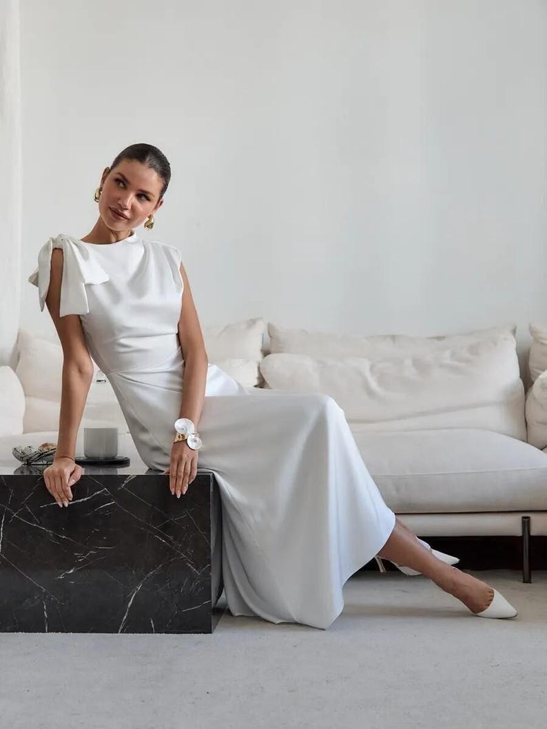 Elegant Midi Satin Dress with Bow Shoulder, Minimalist Bridal Reception Dress, Wedding Guest Outfit, Simple Modest Satin Gown