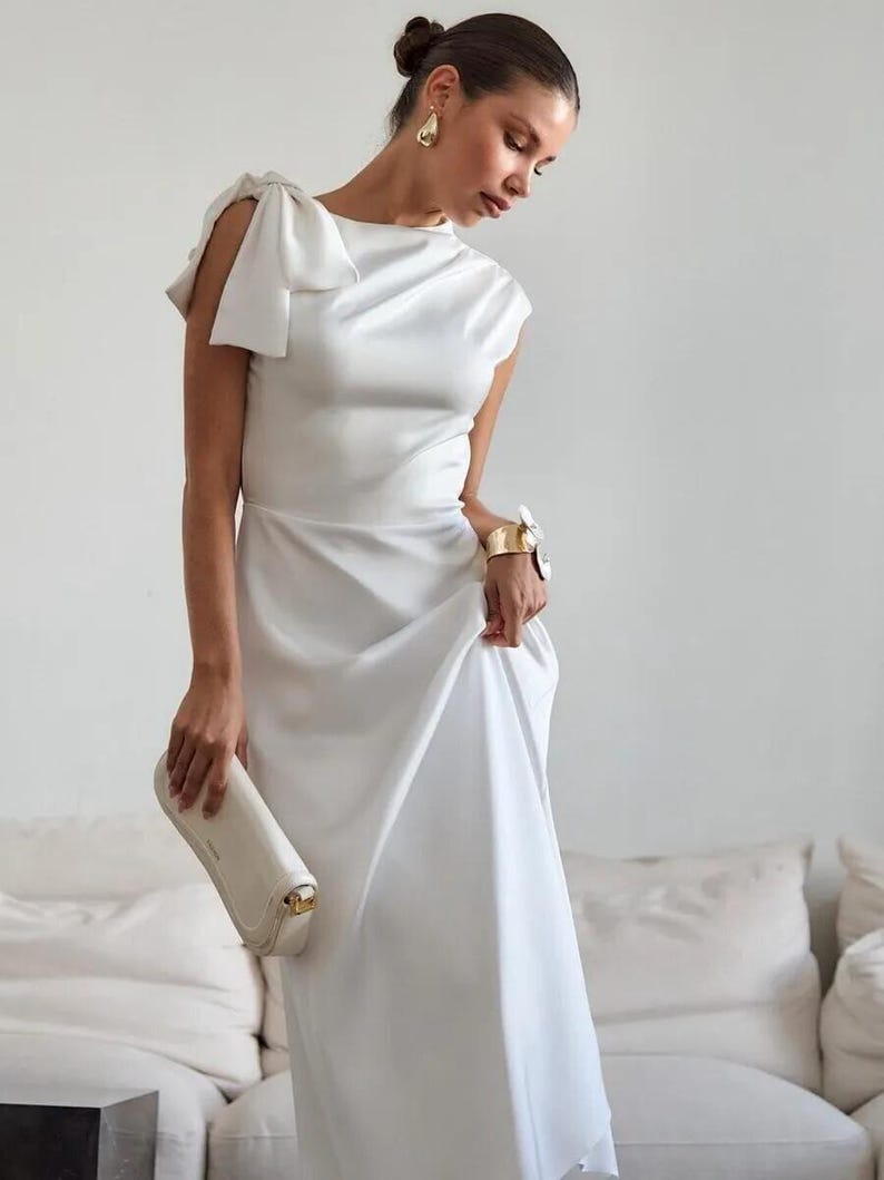 Elegant Midi Satin Dress with Bow Shoulder, Minimalist Bridal Reception Dress, Wedding Guest Outfit, Simple Modest Satin Gown