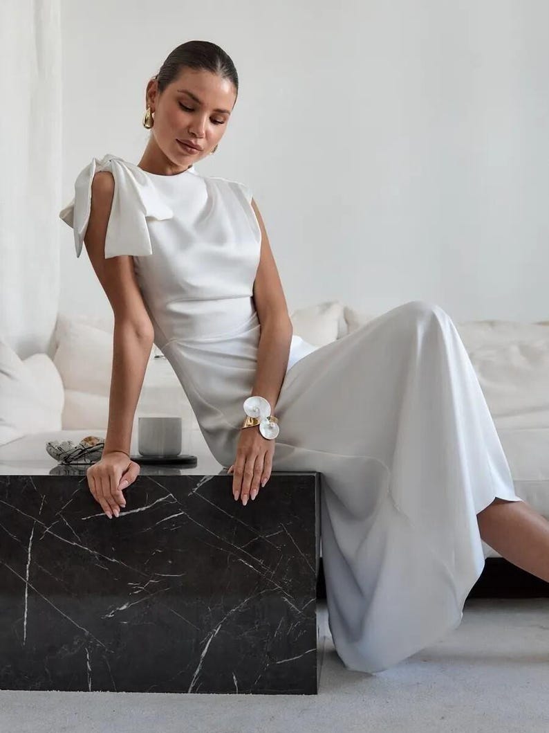 Elegant Midi Satin Dress with Bow Shoulder, Minimalist Bridal Reception Dress, Wedding Guest Outfit, Simple Modest Satin Gown