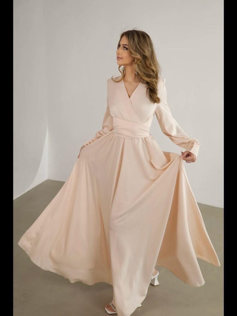 Elegant Champagne Satin Maxi Dress, Long Sleeve Wrap Gown, Formal Evening Dress, Bridesmaid Dress, Wedding Guest Dress