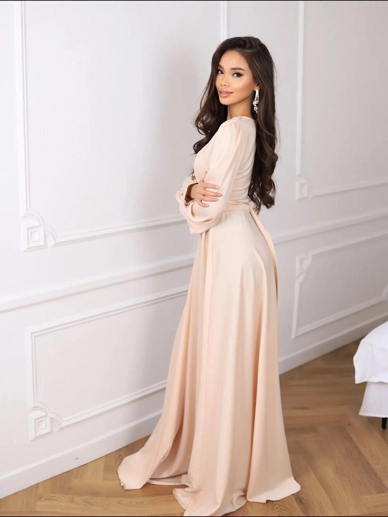 Elegant Champagne Satin Maxi Dress, Long Sleeve Wrap Gown, Formal Evening Dress, Bridesmaid Dress, Wedding Guest Dress