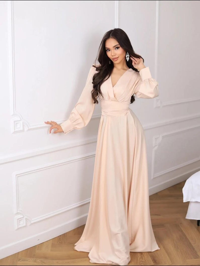 Elegant Champagne Satin Maxi Dress, Long Sleeve Wrap Gown, Formal Evening Dress, Bridesmaid Dress, Wedding Guest Dress