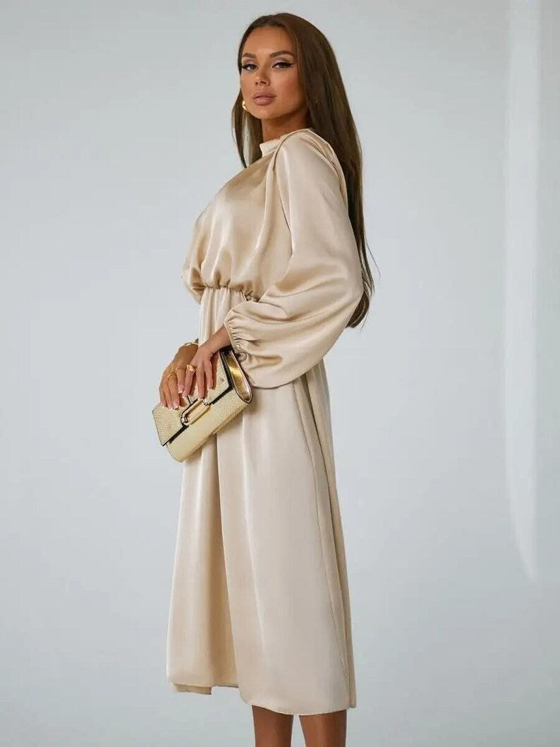 Long Sleeves Silk Dress, Mock Neck Party Dress, Formal Wedding Guest Dress, A Line Satin Gown, Champagne Bridesmaid Dress