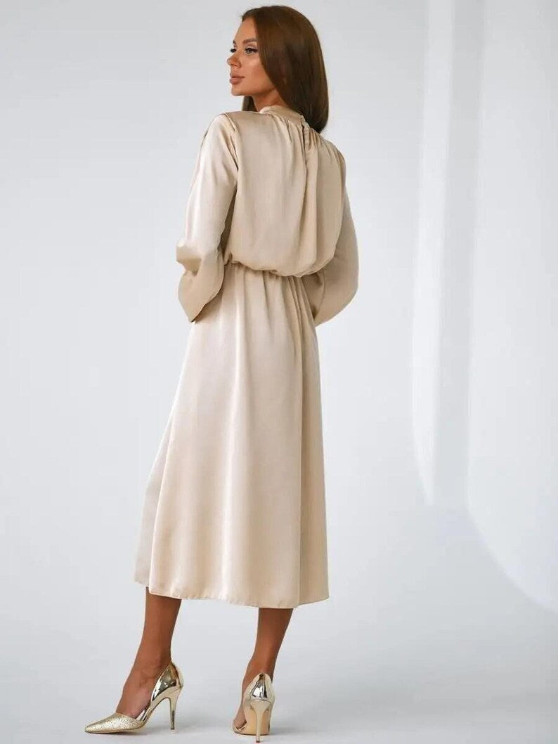 Long Sleeves Silk Dress, Mock Neck Party Dress, Formal Wedding Guest Dress, A Line Satin Gown, Champagne Bridesmaid Dress