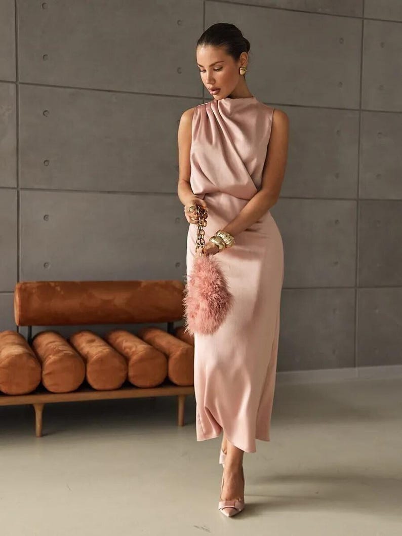 Elegant Satin Midi Dress, High Neck Drape Bridesmaid Dress, Wedding Guest Dress, Soft Pink Simple Formal Gown
