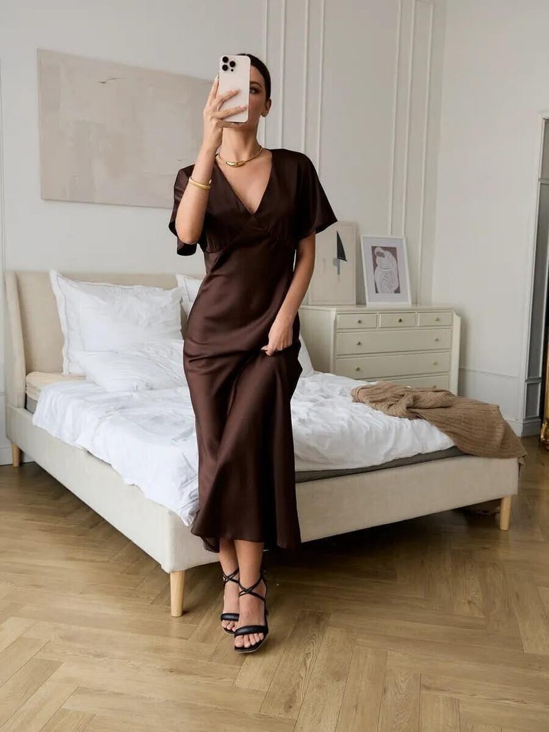 Chocolate Brown Satin Dress, Elegant V Neck Gown for Women, Modest Maxi Slip Dress, Wedding Dress, Wedding Guest Dress, Evening Formal Dress