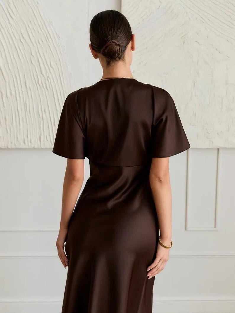 Chocolate Brown Satin Dress, Elegant V Neck Gown for Women, Modest Maxi Slip Dress, Wedding Dress, Wedding Guest Dress, Evening Formal Dress