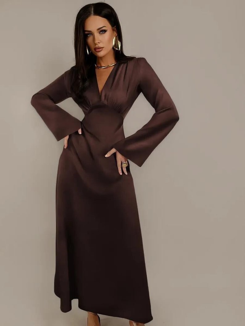Elegant Brown Long Sleeve Satin Gown, Deep V Neck Maxi Dress, Formal Evening Dress, Wedding Guest Dress, Bridesmaid Style