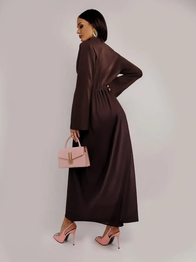 Elegant Brown Long Sleeve Satin Gown, Deep V Neck Maxi Dress, Formal Evening Dress, Wedding Guest Dress, Bridesmaid Style
