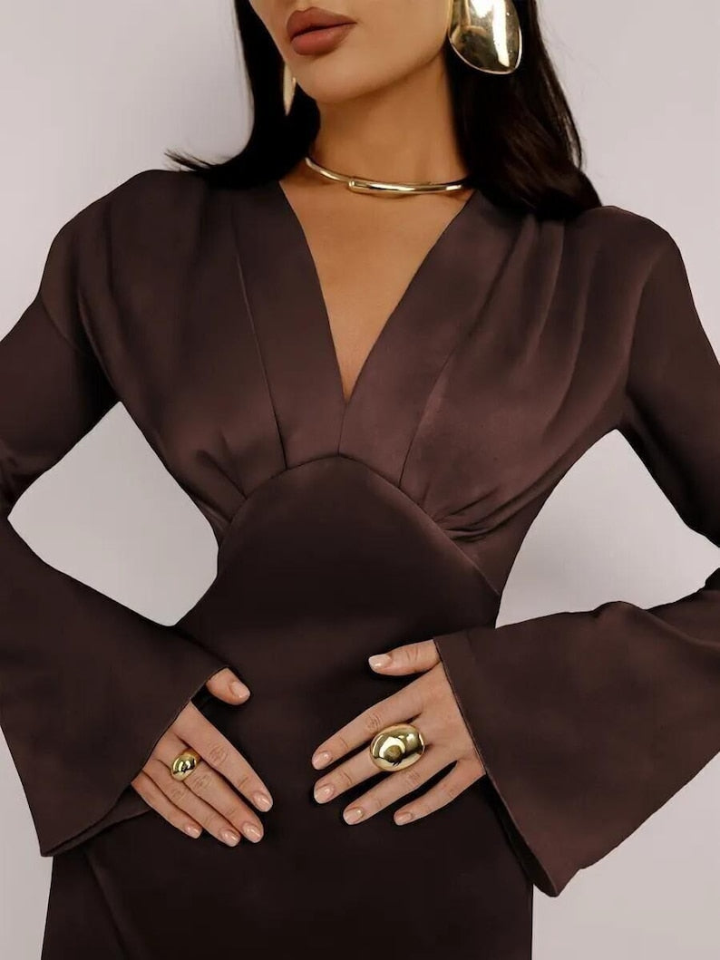 Elegant Brown Long Sleeve Satin Gown, Deep V Neck Maxi Dress, Formal Evening Dress, Wedding Guest Dress, Bridesmaid Style
