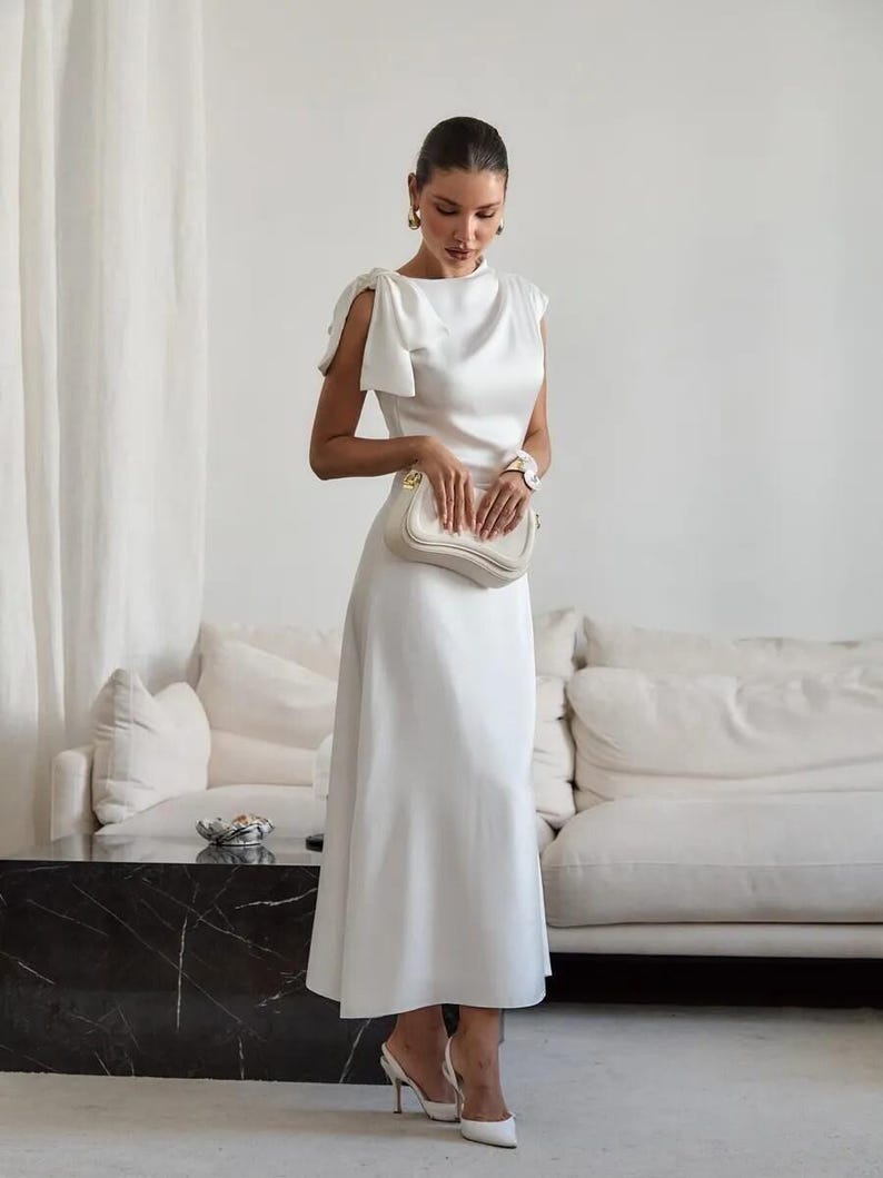 Satin Midi Dress with Bow Shoulder, Elegant Silk Wedding Guest Dress, Simple Modest Satin Gown