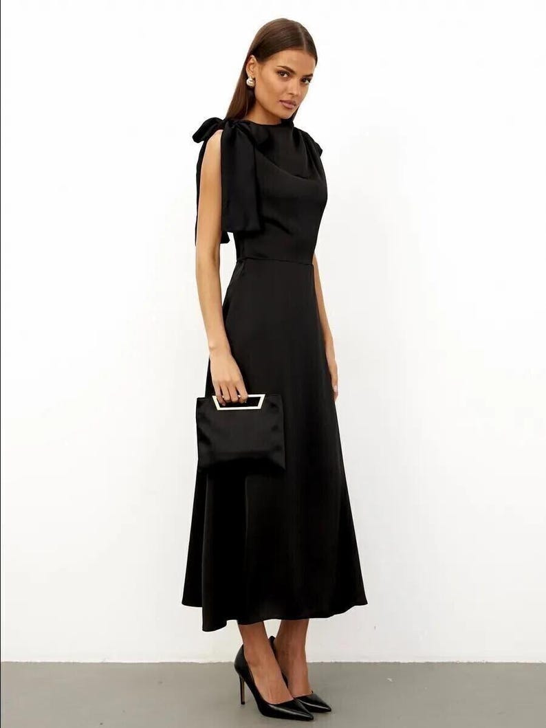 Satin Midi Dress with Bow Shoulder, Elegant Silk Wedding Guest Dress, Simple Modest Satin Gown