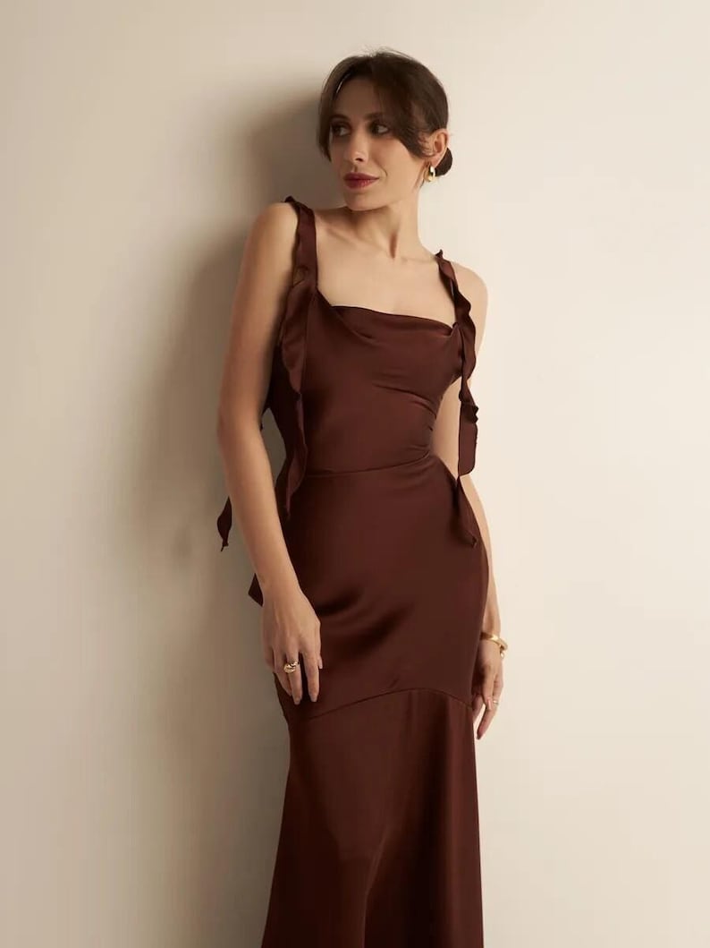 Chocolate Satin Bridesmaid Dress, Elegant Brown Evening Dress, Minimalist Slip Dress, Wedding Guest Dress