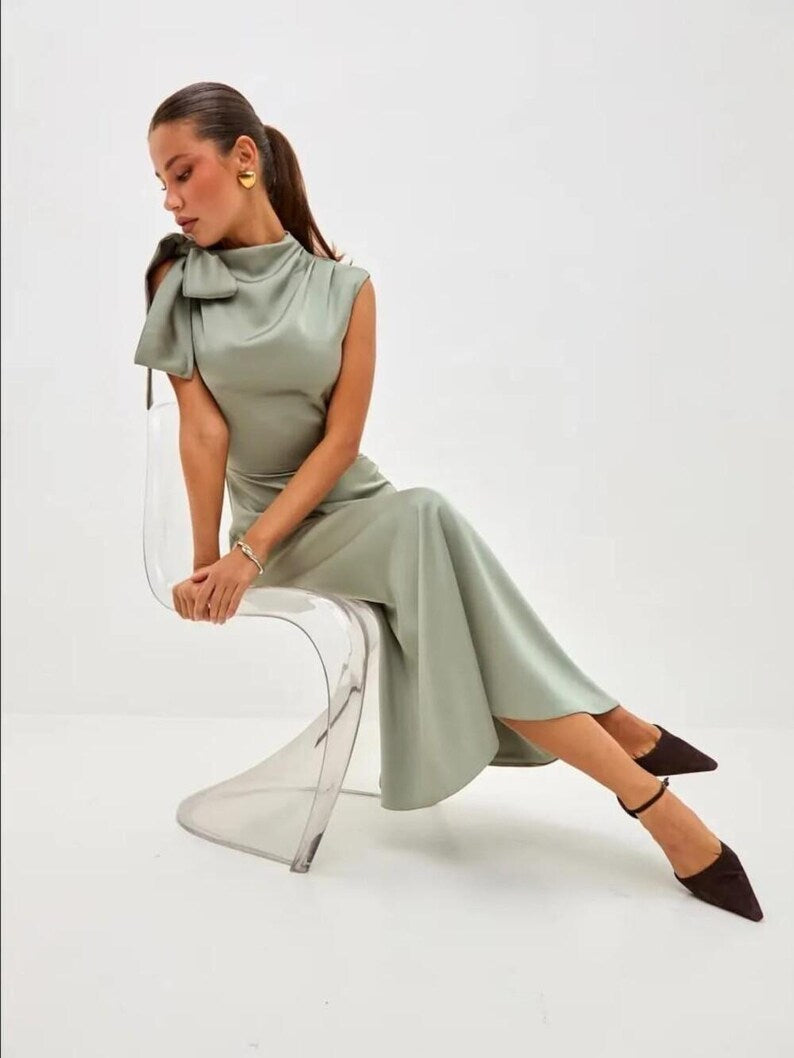 One Shoulder Silk Satin Midi Dress With Bow, Modern Bridal Reception Dress For Engagement Or Civil Wedding