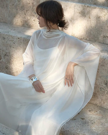 Sheer Cape Wedding Dress, Modest Chiffon Bridal Gown, Minimalist Bridal Dress with Draped Neck, Modern Civil Wedding Look