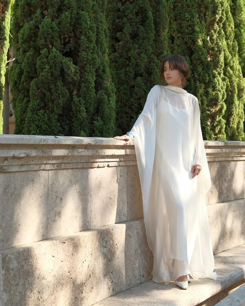 Sheer Cape Wedding Dress, Modest Chiffon Bridal Gown, Minimalist Bridal Dress with Draped Neck, Modern Civil Wedding Look