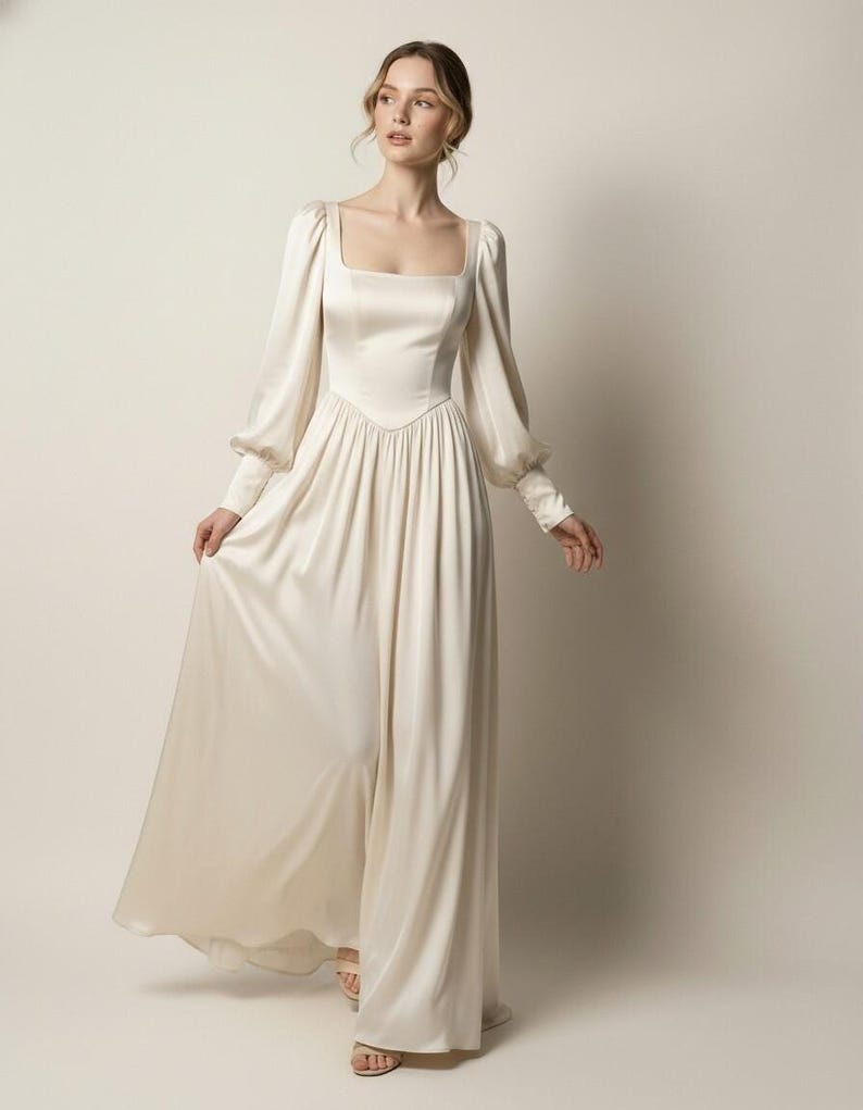 Ivory Silk Wedding Dress with Square Neck and Long Sleeves, Soft Satin Bridal Gown, Romantic Regency Wedding Dress