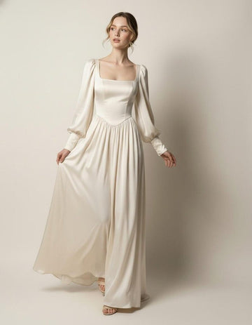 Ivory Silk Wedding Dress with Square Neck and Long Sleeves, Soft Satin Bridal Gown, Romantic Regency Wedding Dress