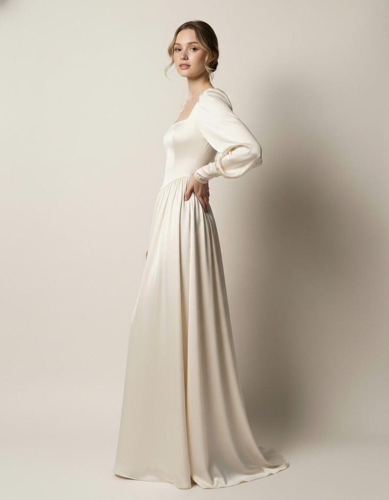 Ivory Silk Wedding Dress with Square Neck and Long Sleeves, Soft Satin Bridal Gown, Romantic Regency Wedding Dress
