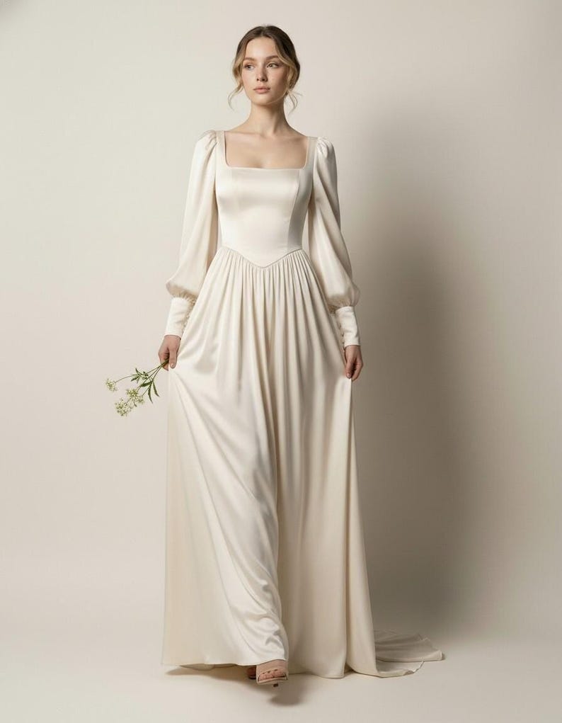 Ivory Silk Wedding Dress with Square Neck and Long Sleeves, Soft Satin Bridal Gown, Romantic Regency Wedding Dress