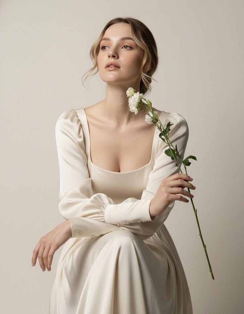 Ivory Silk Satin Bridal Dress Square Neckline, Long Sleeve Wedding Gown, Timeless Minimalist Regency Bride Dress