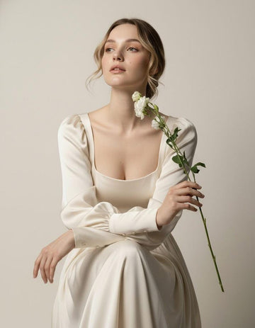 Ivory Silk Satin Bridal Dress Square Neckline, Long Sleeve Wedding Gown, Timeless Minimalist Regency Bride Dress