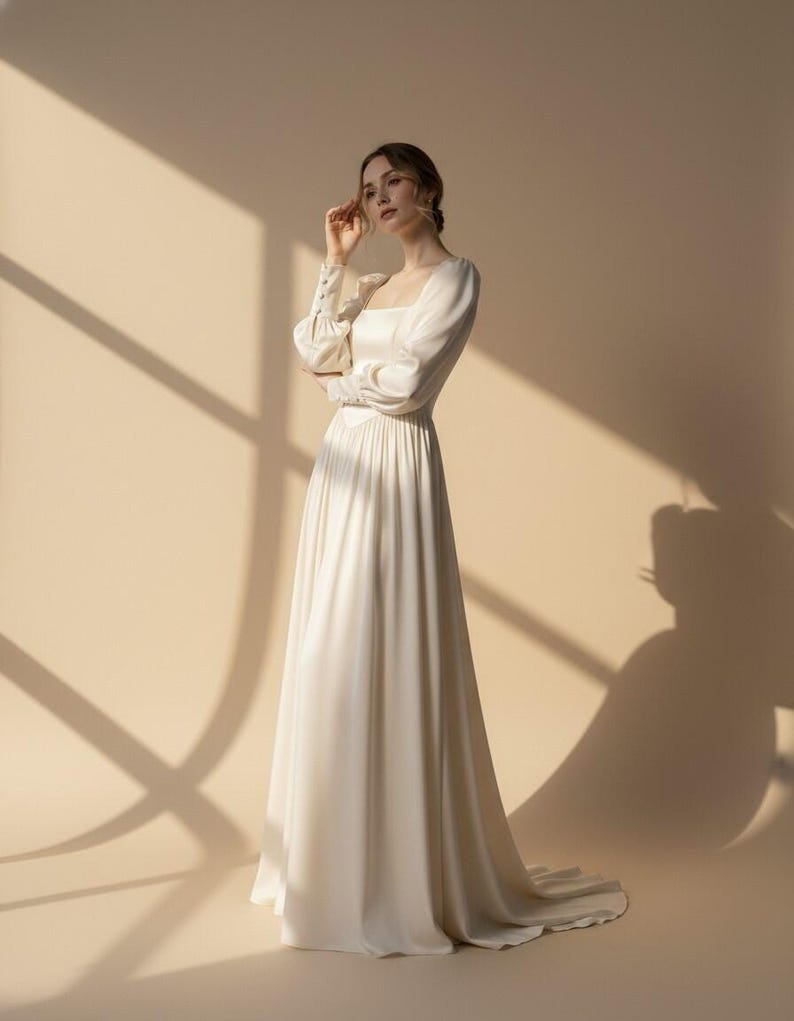 Ivory Silk Satin Bridal Dress Square Neckline, Long Sleeve Wedding Gown, Timeless Minimalist Regency Bride Dress