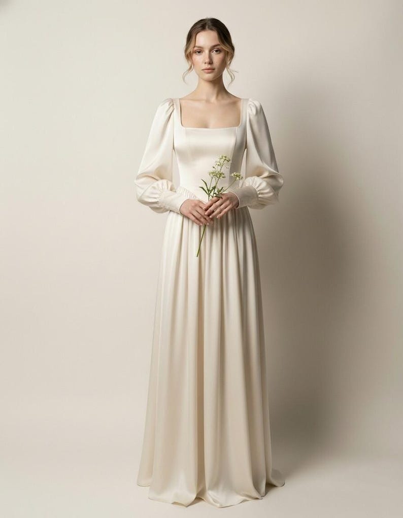 Ivory Silk Satin Bridal Dress Square Neckline, Long Sleeve Wedding Gown, Timeless Minimalist Regency Bride Dress