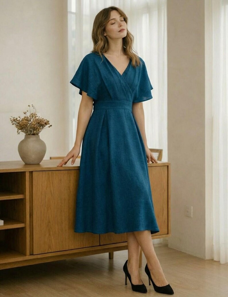 Linen Wrap V Neck A Line Dress, Elegant Blush Cape Sleeve Midi Dress, Wedding Guest Dress, Bridesmaid Cocktail Dress
