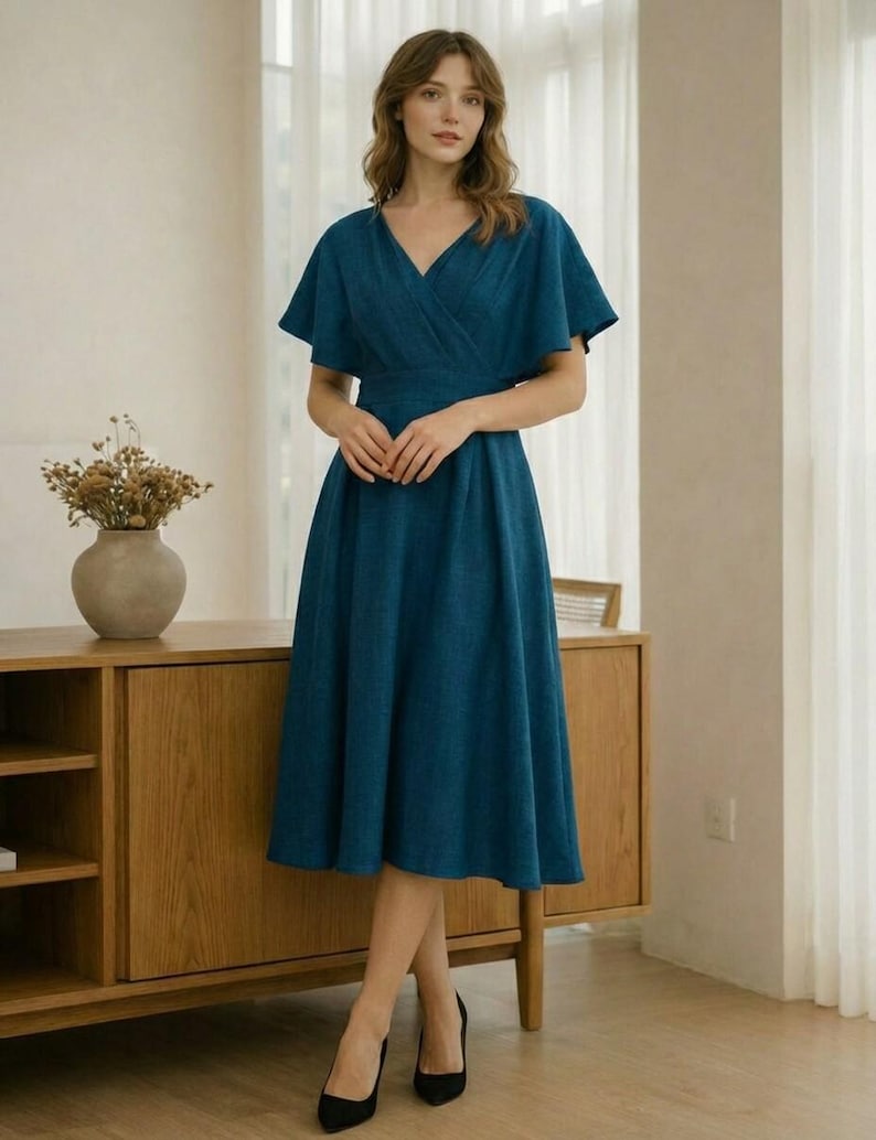 Linen Wrap V Neck A Line Dress, Elegant Blush Cape Sleeve Midi Dress, Wedding Guest Dress, Bridesmaid Cocktail Dress