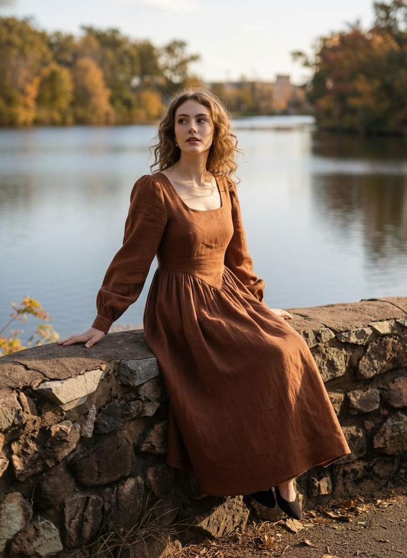 Long Sleeve Linen Maxi Dress, Retro Fit and Flare Cottagecore Dress With Belt