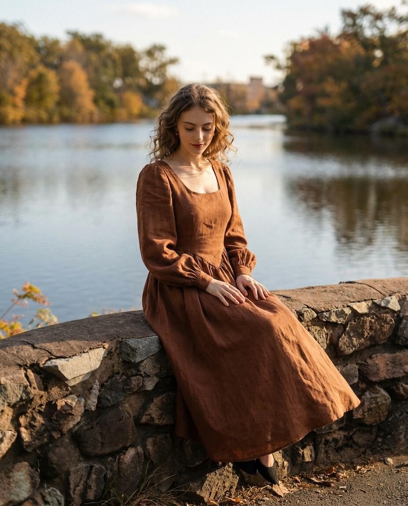Long Sleeve Linen Maxi Dress, Retro Fit and Flare Cottagecore Dress With Belt